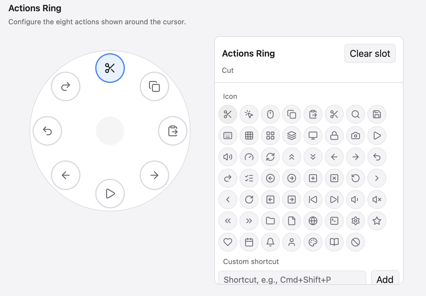 Actions Ring editor with eight slots around the cursor