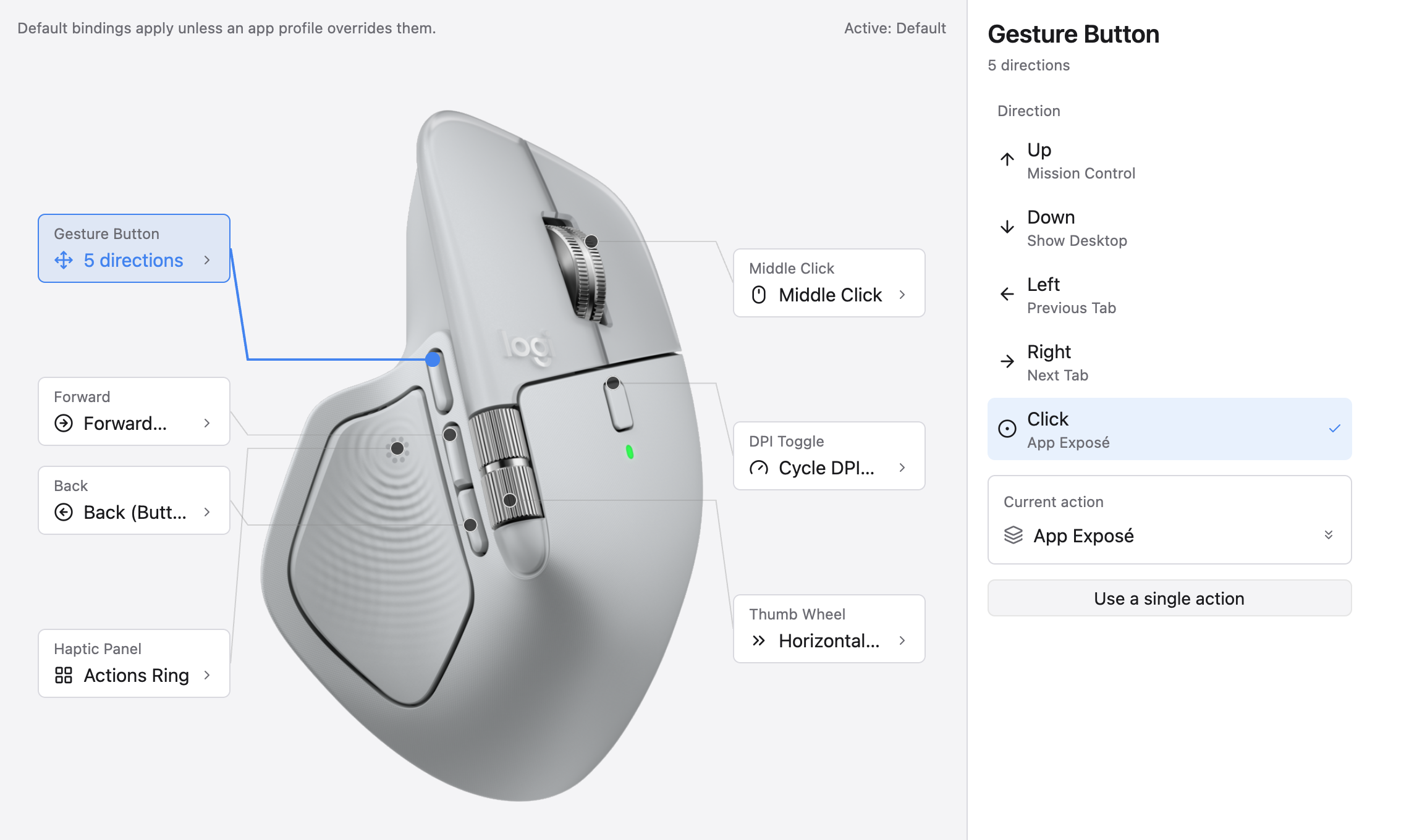 Button mapping for an MX Master 4, with the gesture button inspector open