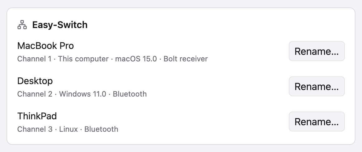 Easy-Switch card listing three paired computers