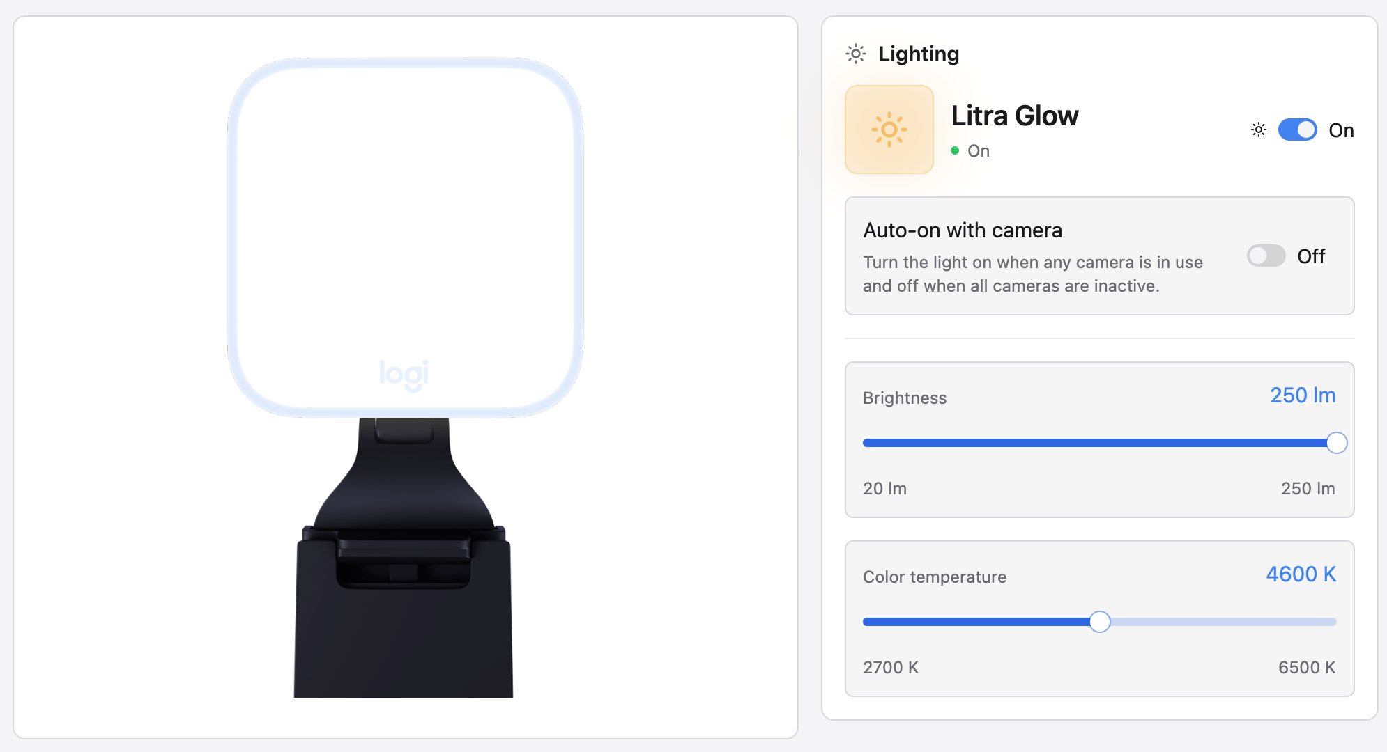 Litra Glow lighting panel with brightness and color temperature