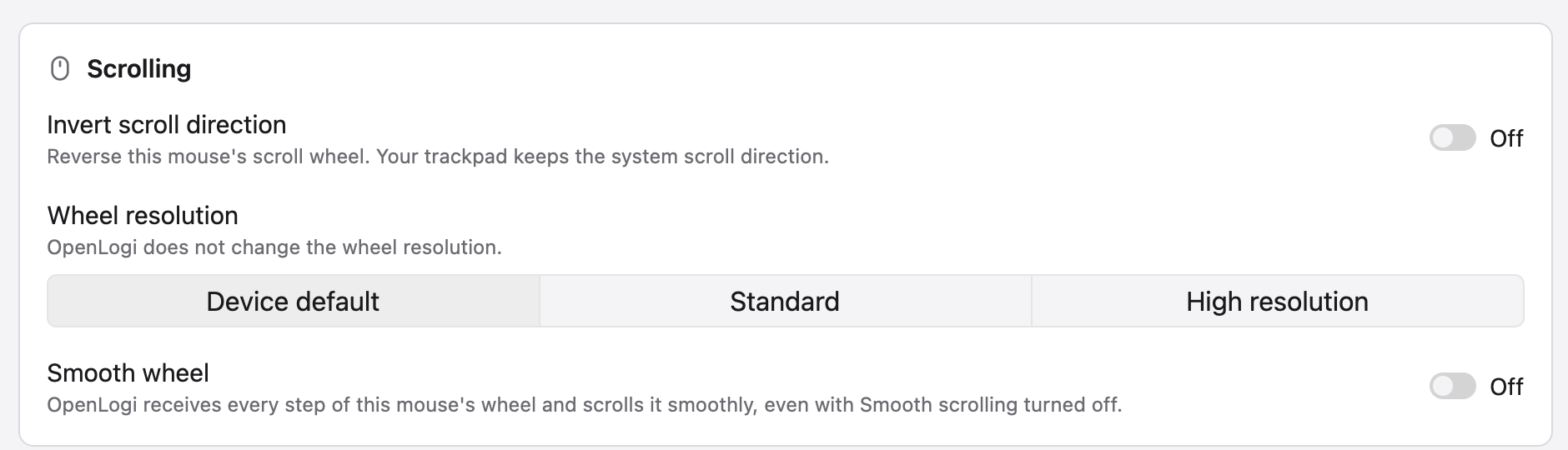 Scrolling card with inversion, wheel resolution, and smooth wheel