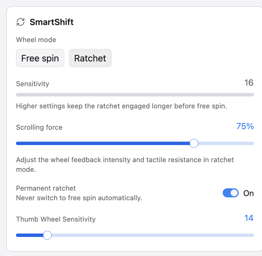 SmartShift card with wheel mode, sensitivity, and scrolling force