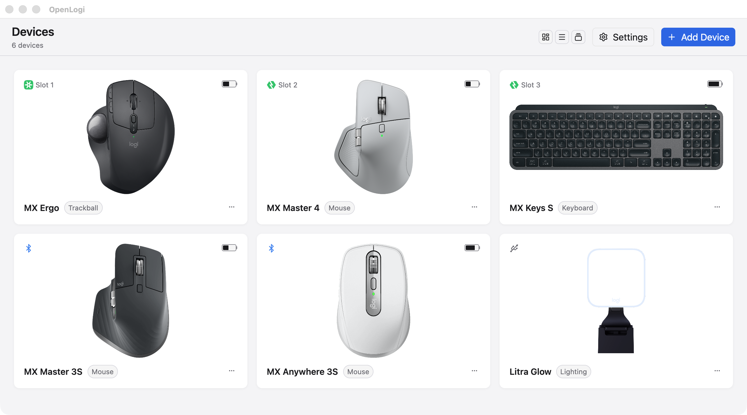 OpenLogi device list with six Logitech devices: mice, a keyboard, and a Litra light